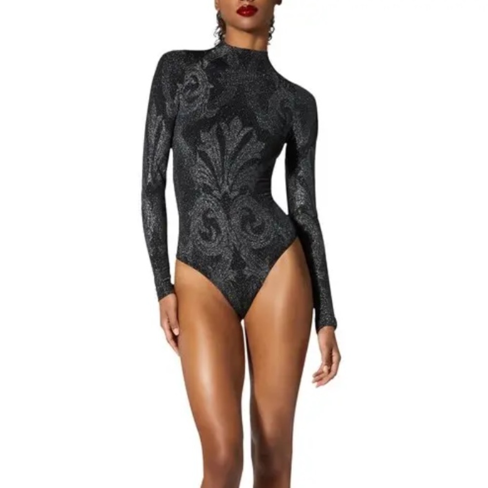 Wolford x Etro Mock-Neck Metallic Jacquard Paisley Long Sleeve Bodysuit NEW L